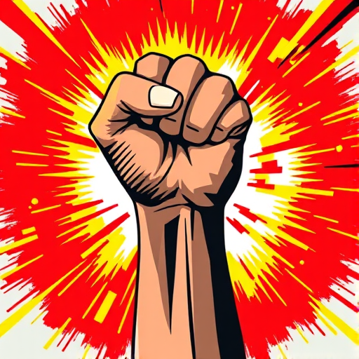 Create a digital illustration of a raised fist in front of a vibrant explosion of red and yellow bursts, using a Canon EOS 5D Mark IV camera with a 50mm lens, aperture f/1.8, ISO 100, and natural lighting to enhance the image quality.