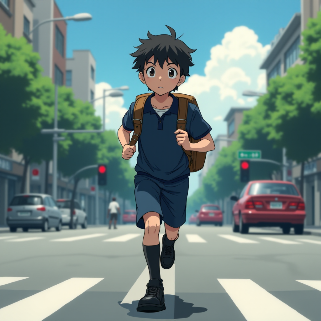 In the Japanese boondocks photorealistic anime, the camera focuses on strong muscular sideview of 9 year old boy his perfect face conveys powerful mighty passion, wearing black school dress-shoes, wearing dark blue matching school uniform. he runs lightly across wide busy city street. with stoplights in backdrop, The animation highlights the dynamic of the boy's clothes and hair blowing in the wind as he moves around, wearing leather backpack,