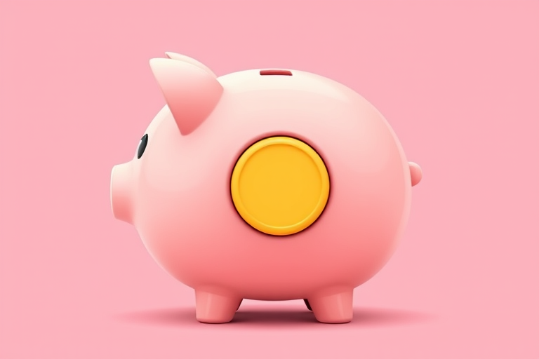 Create a digital illustration of a cute piggy bank with a round yellow coin slot on its back, set against a soft pink background, using a 50mm lens, f/2.8 aperture, 1/100s shutter speed, and a soft focus style.