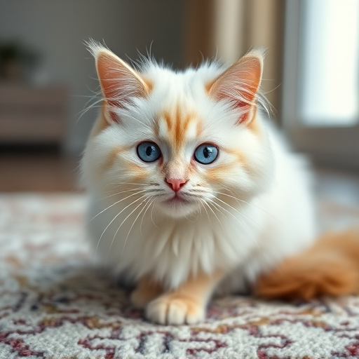 A fluffy white and cream cat with blue eyes sitting on a soft rug, focus on the cat's face, aperture f/2.8, shutter speed 1/100s, ISO 200, portrait view, DSLR camera, soft natural lighting.
