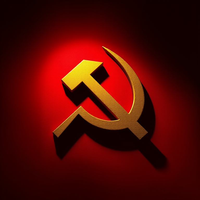Create an image of the hammer and sickle symbol on a red background, using a Canon EOS R5 camera with a 50mm f/1.2 lens, shot in chiaroscuro style at ISO 100, f/8, and a shutter speed of 1/250s for sharp detail and vibrant colors.