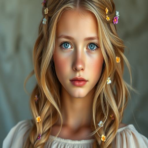 Create an image of a young Micronesian woman with long, wavy blonde hair, adorned with small, colorful flowers woven into her braids and loose strands. Her complexion is fair, with soft, glowing skin, and she has light blue eyes that gaze softly at the viewer. She wears a light, flowing dress with a gentle, ethereal quality, complementing her delicate and serene appearance. The background is slightly blurred, drawing focus to her tranquil expression and the intricate details of the flowers in her hair. The overall mood of the image is one of natural beauty and grace, evoking a sense of peacefulness and connection with nature.
