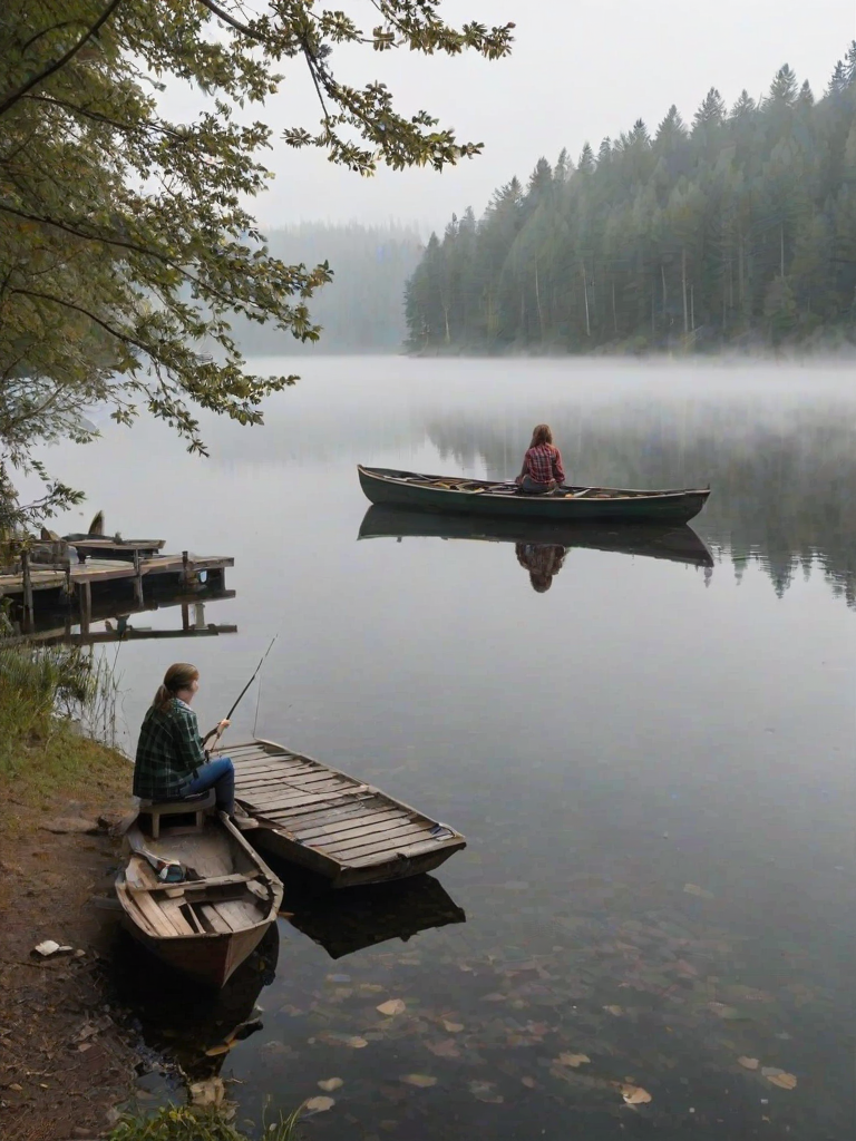 Small dock by a misty lake, with old wooden rowboats tied to the pier, a woman in a flannel shirt sits at the edge, feet dangling, her fishing pole resting beside her.