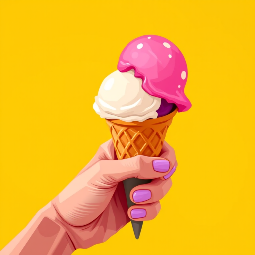 Create a vibrant illustration of a hand holding a cone with two scoops of ice cream, one pink and one white, in a warm yellow background, using a digital art style, shot with a Canon EOS R5, 50mm lens, f/2.8 aperture, ISO 100, and vibrant color settings.