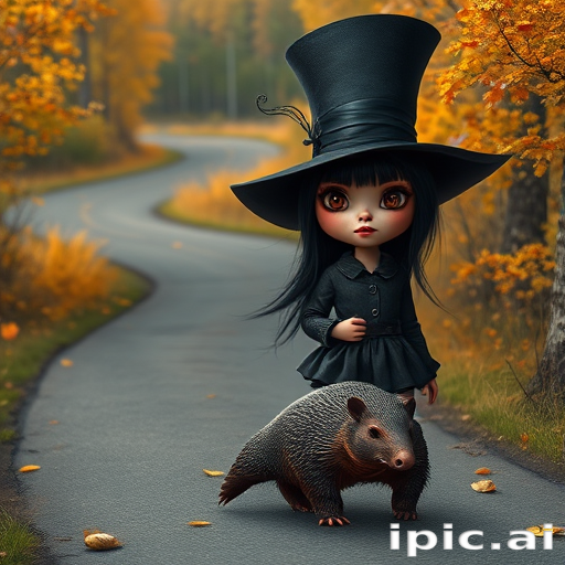 digital art fantasy depicting a strange girl with black hair, long eyelashes, orange lipstick and a tall hat walking along a winding road on an autumn afternoon, an armadillo smiles as he passes