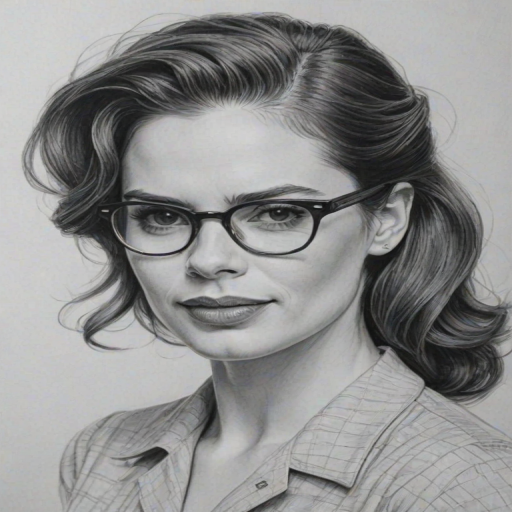 Delightful Hayley Atwell, pencil sketch, portrait of Exquisite woman 1946s in glasses, hair style beatnik, outline, clear lines, fine lines, 8k