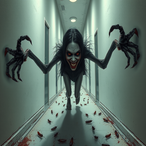 a crooked woman with long arms and a creepy smile is crawling along a long white corridor and you can also see cockroaches in it there is a creepy atmosphere creepy art style