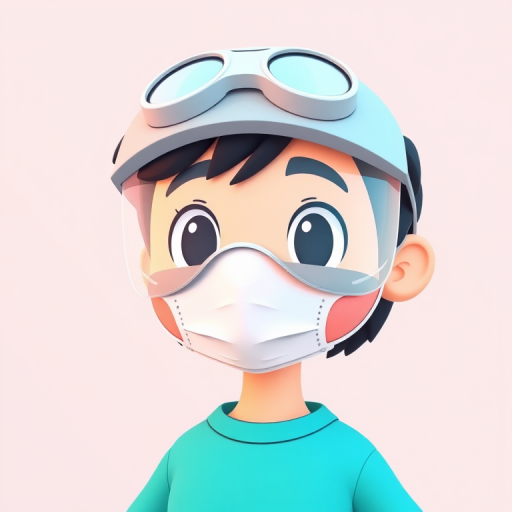 Create a cartoon-style character wearing a face mask and face shield in a clean, minimalist background with soft pastel colors, using a Canon EOS R5 camera, 50mm lens, f/1.8 aperture, ISO 100, shot in natural light for enhanced sharpness and clarity.