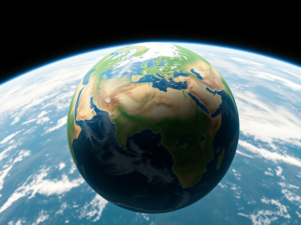 Create a high-resolution image of a green Earth globe emphasizing landmasses, viewed from space, with a 50mm lens at f/8 aperture, ISO 100, and a slight vignette effect for depth.