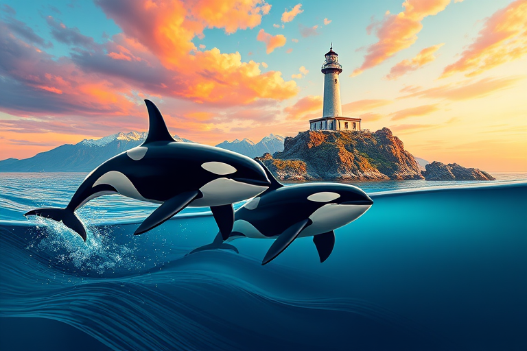 Create a vibrant illustration of two orcas swimming near a lighthouse on a rocky island with mountains in the background, using a wide-angle lens, f/8 aperture, ISO 100, 24mm focal length, with a digital art style for enhanced colors and sharpness.