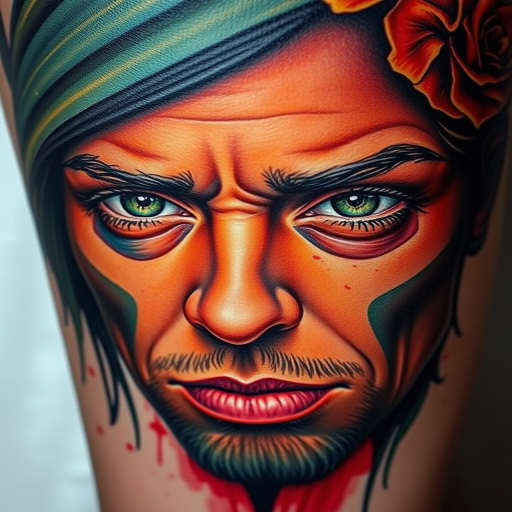 Hyper-realistic color portrait tattoo called "Living Canvas" showcasing a lifelike human face with incredible detail, texture, and depth using a full spectrum of vivid colors