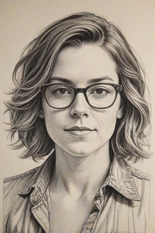 Delightful Brandi Carlile, pencil sketch, portrait of Fetching woman 1971s in glasses, hair style beatnik, outline, clear lines, fine lines, 8k