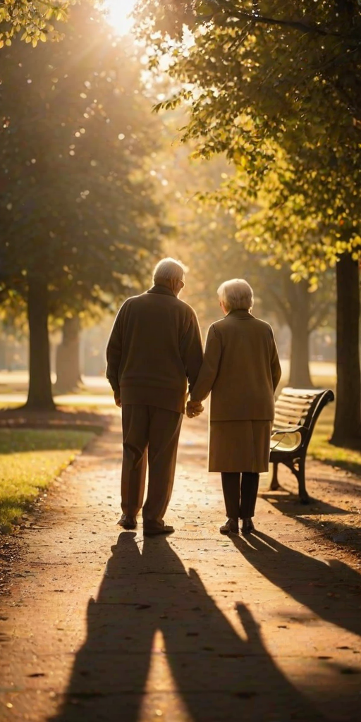 Warm, softly lit photo of an elderly couple holding hands on a park bench at sunrise, soft glow from the morning light casting long shadows on the ground, the smell of fresh dew in the air, distant trees covered in golden light.