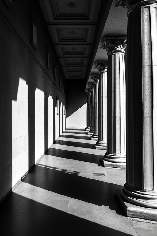 Create a high-contrast black and white image of architectural columns casting long shadows in a corridor, using a DSLR camera with a 50mm lens, aperture set to f/8, ISO 200, and a wide-angle shot from a low angle to emphasize shadow depth and column detail.