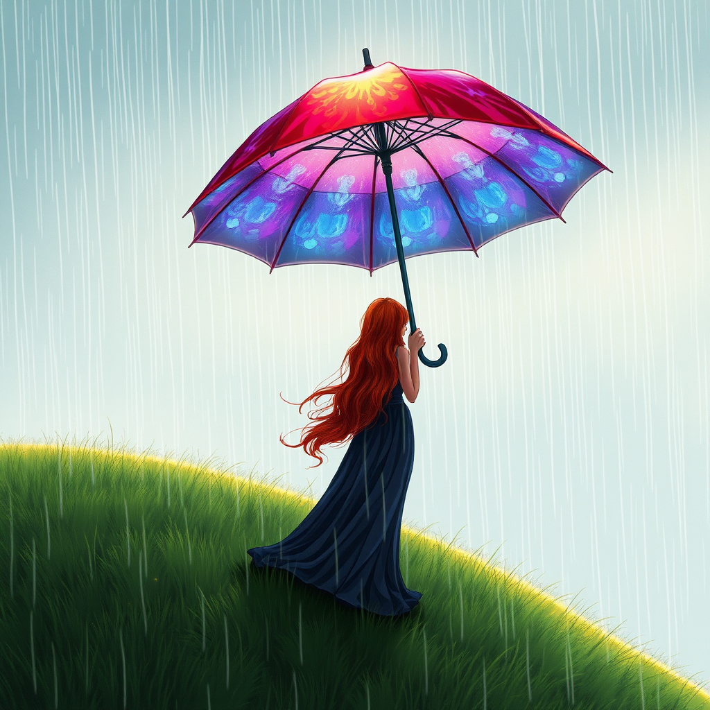 A surreal hand-drawn digital artwork depicting a mysterious red-haired woman standing on a grassy hill under the rain. She holds an umbrella crafted from iridescent zircon, its vibrant sheen contrasting with the soft, rainy atmosphere. The scene feels dreamlike, blending the natural elements of the hill and rain with the otherworldly shimmer of the umbrella.