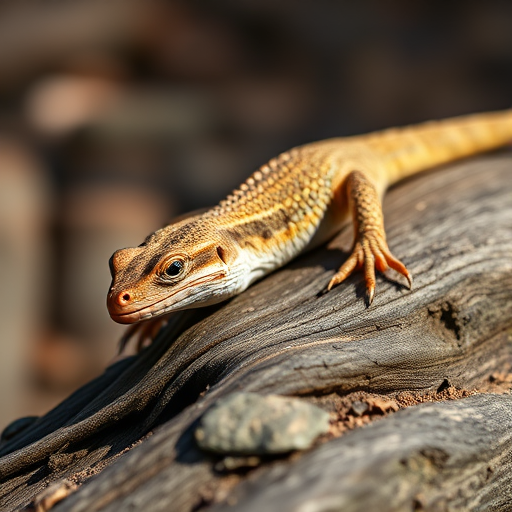 A sharp, detailed image of a lizard resting on a log, taken with a DSLR camera at f/4 aperture, ISO 100, 1/250 sec shutter speed, macro view, with soft natural lighting to enhance clarity and focus on texture.