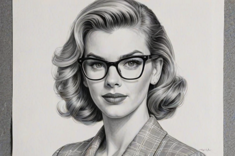 Gorgeous Betty Gilpin, pencil sketch, portrait of Alluring woman 1954s in glasses, hair style beatnik, outline, clear lines, fine lines, 8k