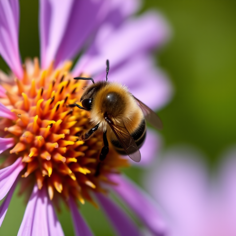 Close-up shot of a bee on a purple aster flower, shallow depth of field, aperture f/2.8, ISO 200, 1/500 sec, macro lens, natural light, DSLR camera.