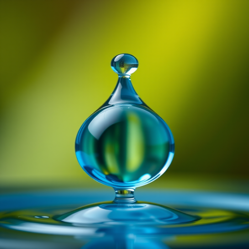 Create a high-resolution vector image of a blue water droplet with a glossy finish, using a 50mm lens at f/2.8 aperture, ISO 100, and with a soft-focus background for depth, utilizing a digital SLR camera.