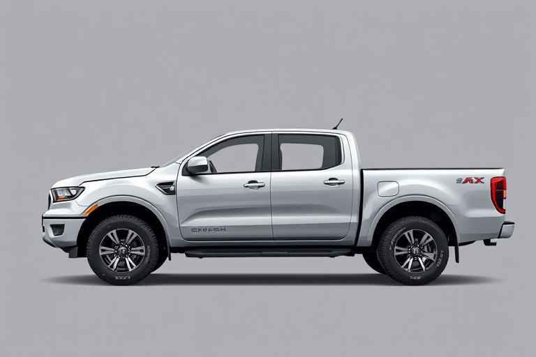 Generate a high-resolution side view illustration of a silver pickup truck with a clear background, using a Canon EOS R5 camera with a 50mm lens, f/2.8 aperture, ISO 100, and a shallow depth of field for enhanced image quality.