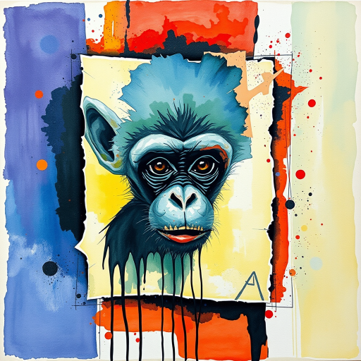 abstract watercolor painting with bold and deep brushstrokes. Thick impasto paint used. Dripping effect. Image breaking up into rectanguls shapes. Paint cracking. just a  smal;l pair of monkey's eyes starting to appear in the middle. The eyes are crying.  Coloured paint splattered around the edges. Geometric lines in background. swirly effect. peeling paint effect. raised rectangles. Dinghy Cream Look edge added in Topaz.