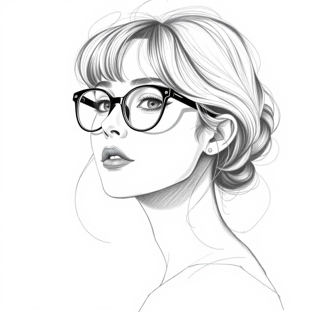 Lovely Ashley Benson, pencil sketch, portrait of Attractive woman 1960s in glasses, hair style beatnik, outline, clear lines, fine lines, 8k
