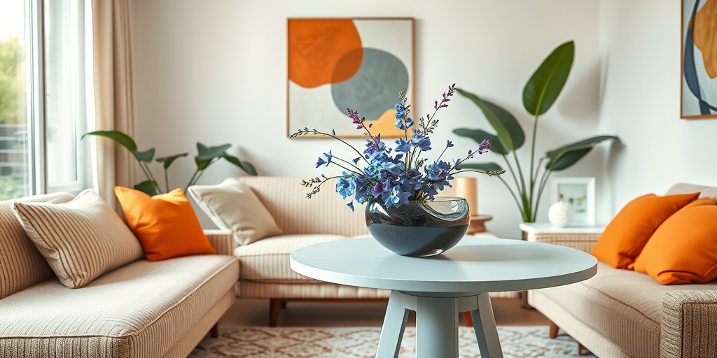 interior living room featuring a beige striped sofa with an orange accent pillow, a modern bowl vase with blue and purple flowers on a round light blue table, a large leaf plant in the corner, abstract wall art, natural light, shallow depth of field, shot with a Canon EOS R5, 24mm lens, f/2.8, ISO 100, 1/60s