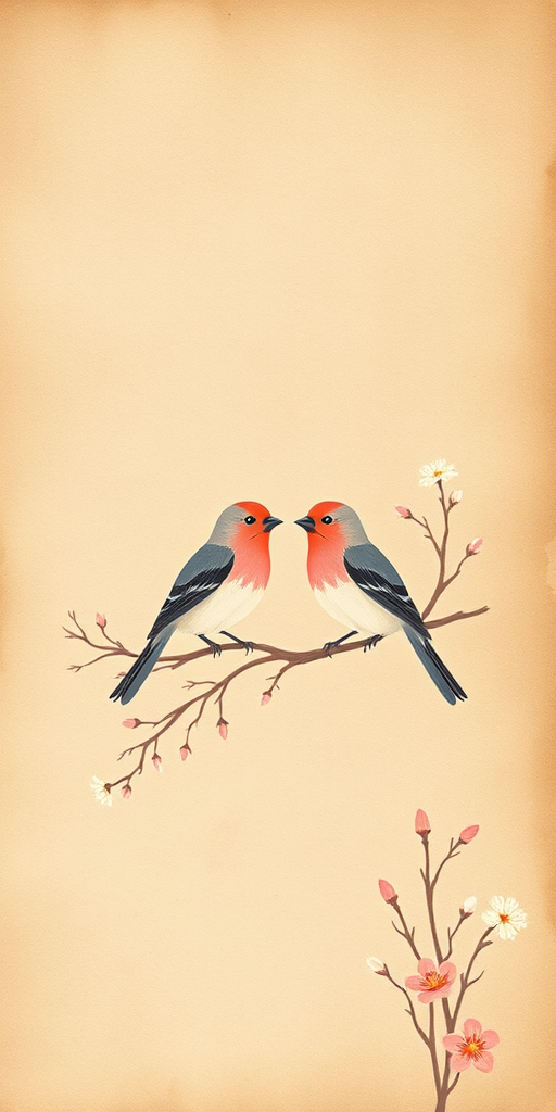 Create a vintage-style background with a textured, faded parchment appearance featuring two stylized birds perched on delicate branches, with soft pastel colors and floral accents, captured with a DSLR camera at f/8 aperture, ISO 200, 50mm lens, in natural light.