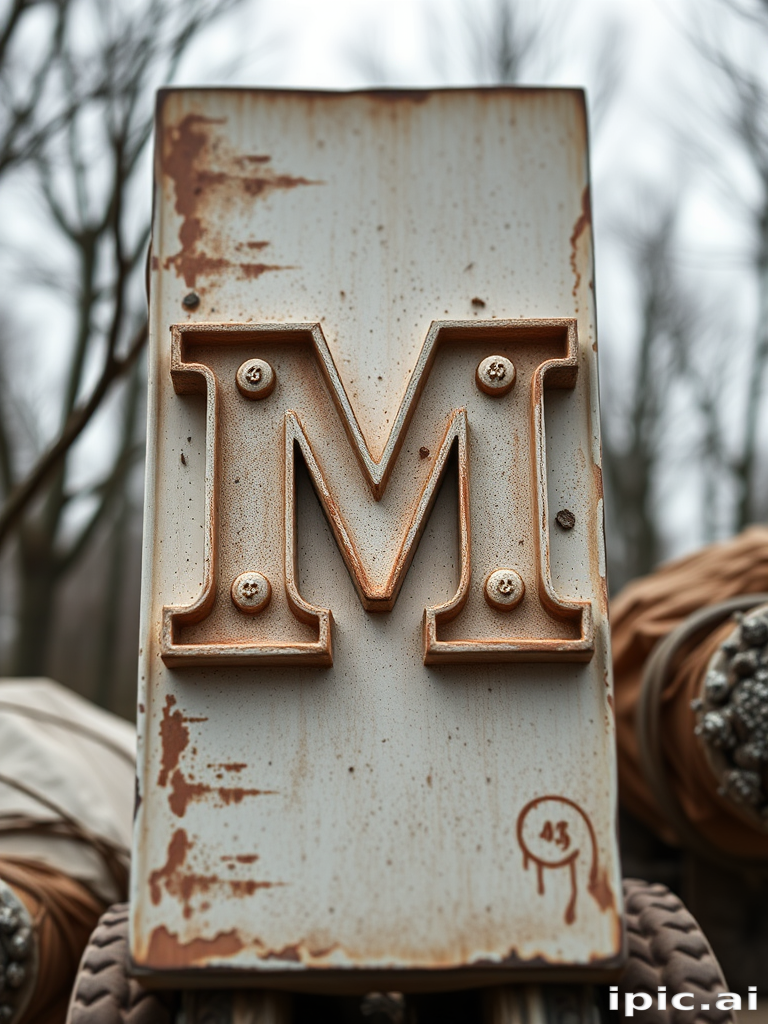Rustic Metal Sign Featuring the Letter 'M' Against a Blurry Background