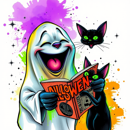 Image of a ghost and a black cat laughing exaggeratedly , and reading a comic halloween comic book, alcohol ink airbrush style, funny halloween theme, white background with neon purple, neon orange, neon green splash, black sparkles stars , dazzling BG