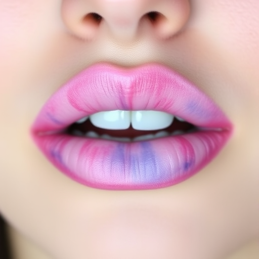 Watercolor-effect lips with soft, blended hues of pink, purple, and blue, creating a dreamy and artistic appearance for a whimsical makeup tutorial