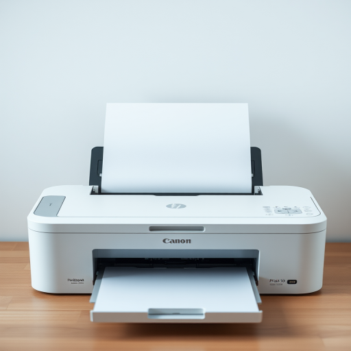 Create a high-resolution image of a printer with a blank paper emerging from it, using a Canon EOS 5D Mark IV camera, ISO 100, aperture f/8, shutter speed 1/125s, taken from a slightly elevated angle with soft lighting in a minimalist style.