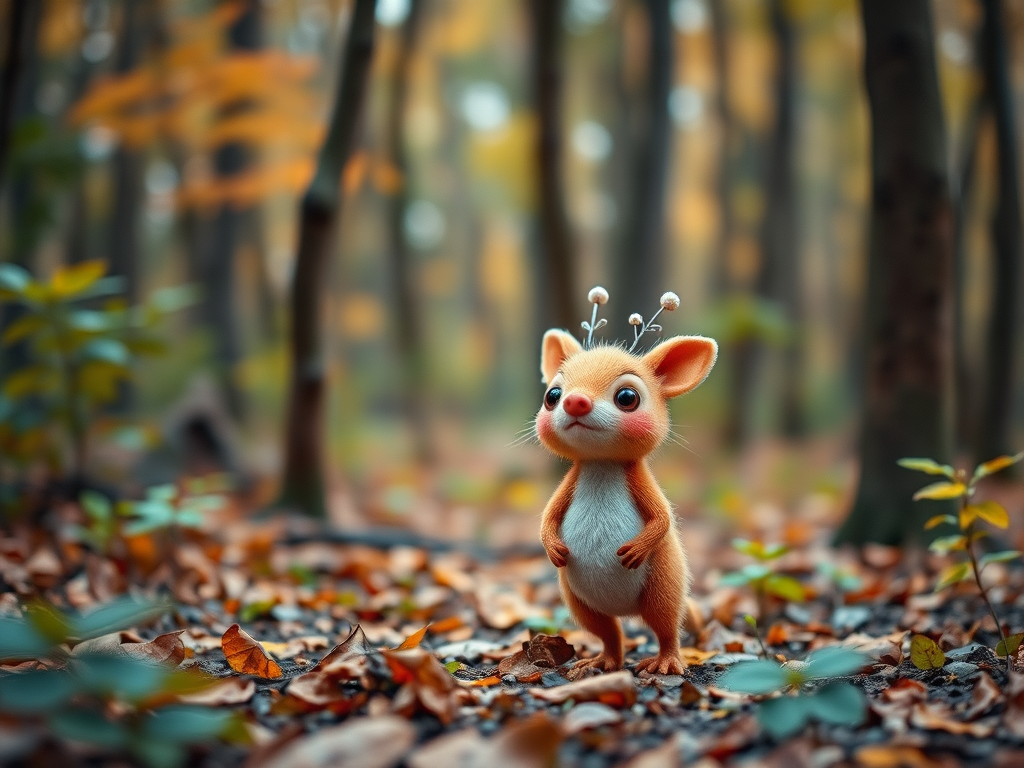 Generate a high-resolution image of a whimsical creature standing in a forest, using a DSLR camera with a 50mm lens, f/1.8 aperture, ISO 200, and a wide-angle view to capture the vibrant details of the environment.