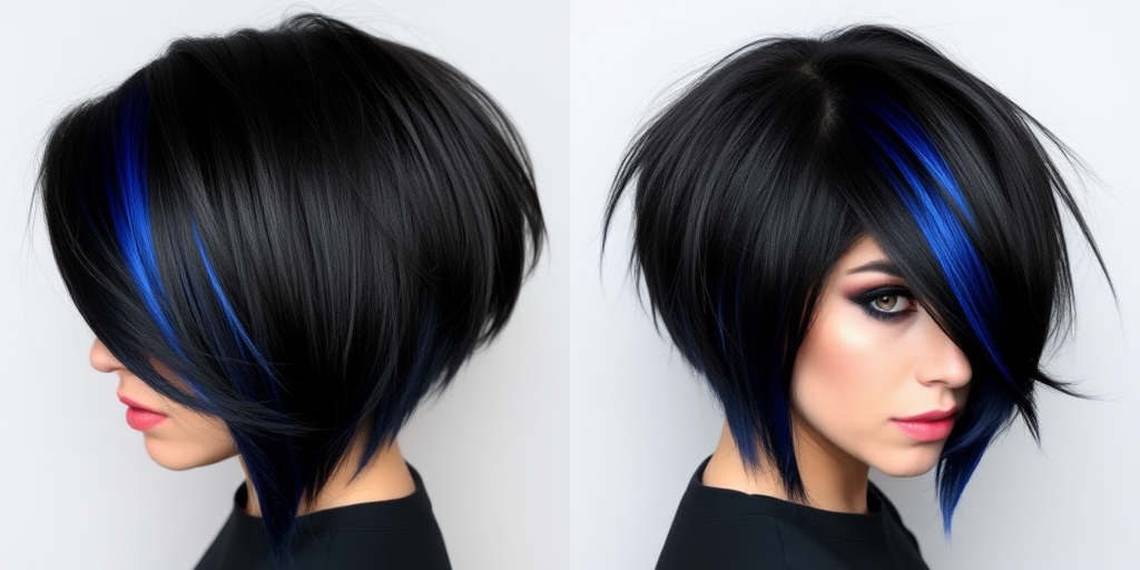 Dramatic jet black asymmetrical cut with a single electric blue streak, the "Midnight Lightning" look combines elegance with a touch of edgy allure