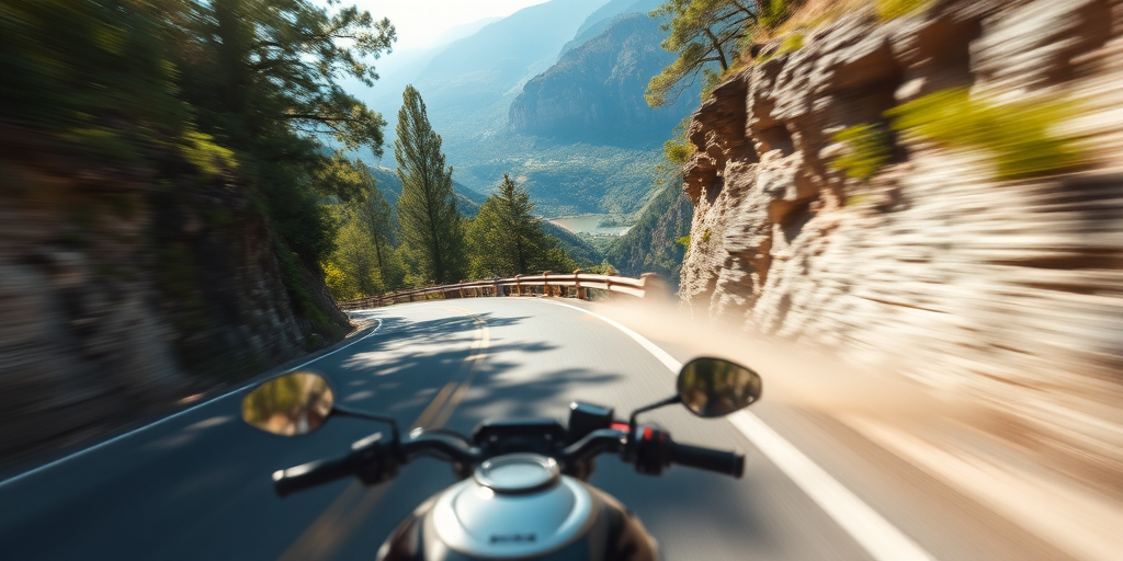 Blurry, high-speed photo of a motorcyclist racing down a winding mountain road, trees and cliffs whizzing by, bright afternoon sun casting long shadows, a cloud of dust trailing behind, a distant view of a deep valley below.
