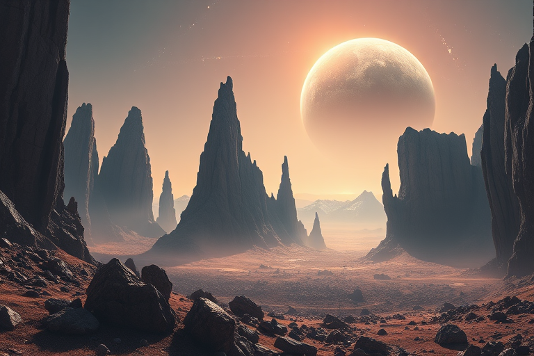 Create a high-resolution digital artwork of a surreal alien landscape featuring towering rock formations and a massive planet looming in the sky, captured with a wide-angle lens, f/8 aperture, ISO 100, 20mm focal length, soft lighting, and a cinematic style for dramatic effect.