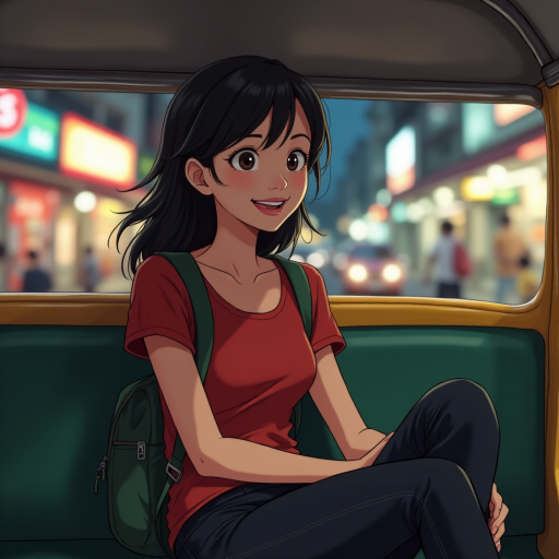Cartoon Movie​ scene, a 18yr kindness grin Japanese woman,oval face , mullet medium long messy black side hair, wear a red shirt ,black jeans ,navy slip-on​,with green backpack, relax​ sitting on a seat in a thai tuk-tuk, tuk-tuk a silver metal roof that reflects light, There are blurred street lights and shops Chinatown Bangkok in the background.
