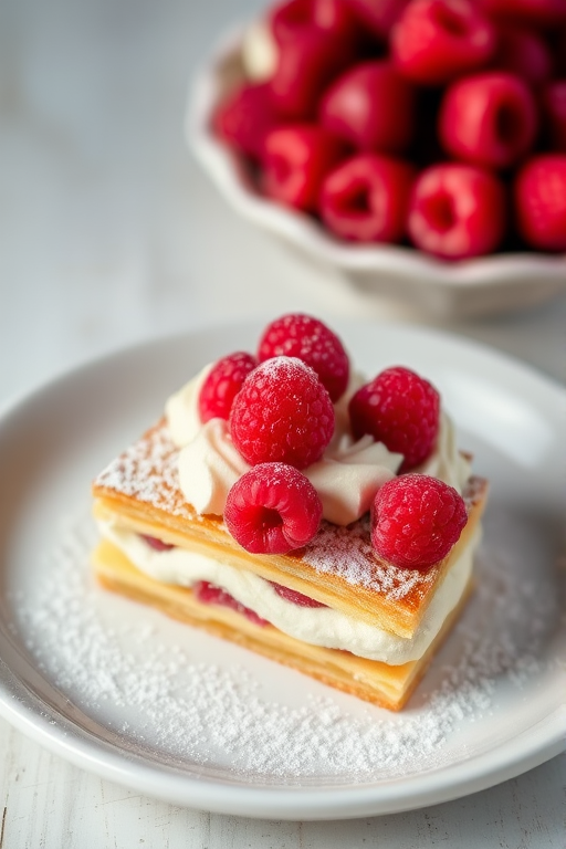 A delicious slice of layered pastry with creamy filling topped with fresh raspberries on a plate with a light dusting of powdered sugar and a bowl of raspberries in the background.