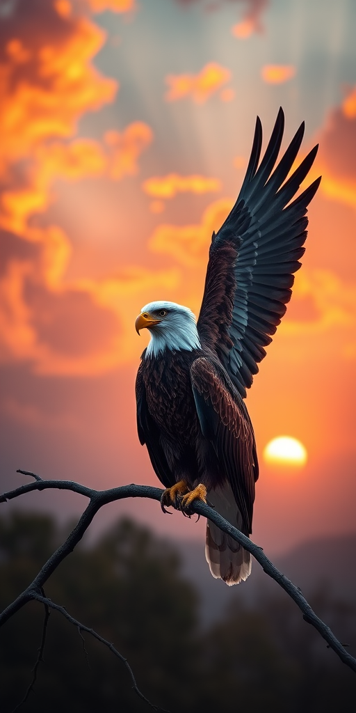 A majestic eagle perched on a branch with a vivid sunset in the background, showcasing vibrant clouds and a mystical atmosphere, captured with a Canon EOS R5, 85mm lens, f/1.8 aperture, ISO 100, soft focus for a dreamy effect, shot at eye level.