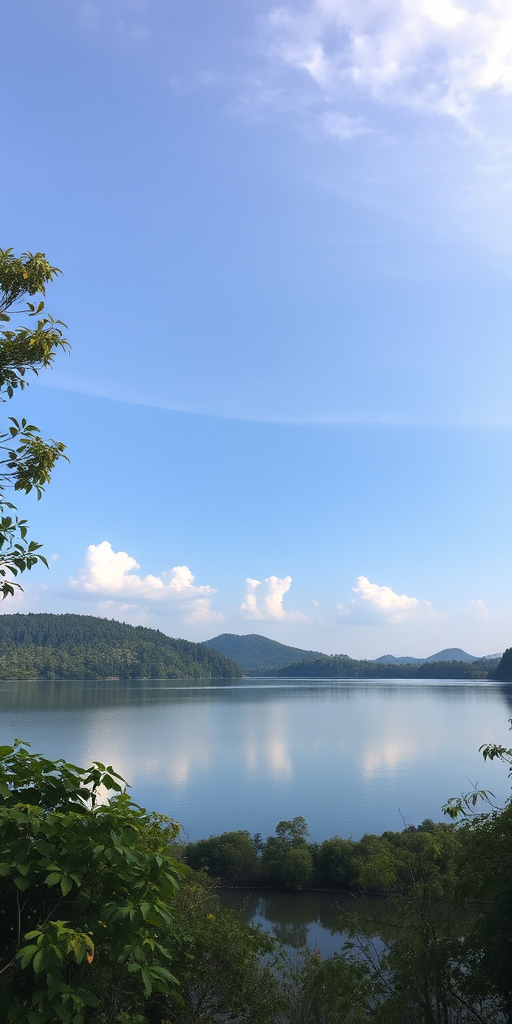 Generate a high-resolution image of a serene landscape featuring a calm lake surrounded by lush greenery, with a clear sky and soft clouds, captured from a low angle using a DSLR camera with a 50mm lens, aperture set to f/8, ISO 100, and a shutter speed of 1/200 seconds.