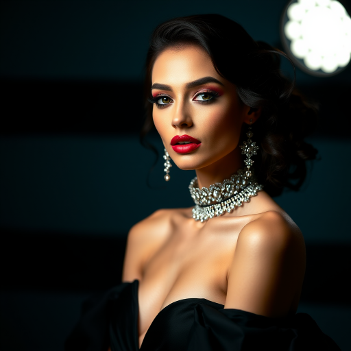 Studio portrait, female model, elegant couture dress, bold makeup, dramatic lighting, Utilize a 50mm portrait lens for crisp details and a soft background blur, 8k