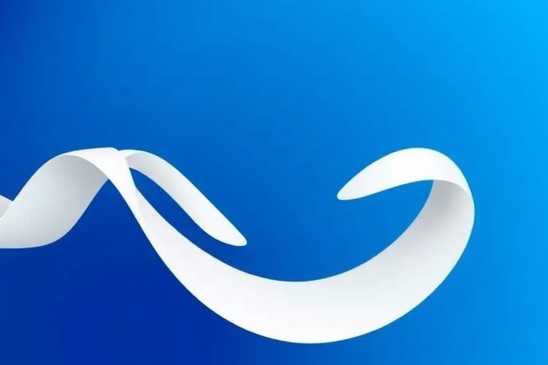 Create a high-resolution image of a stylized white ribbon flowing in a zigzag pattern against a gradient blue circular background, using a DSLR camera with a 50mm lens at f/1.8, ISO 100, and 1/250s shutter speed to enhance clarity and detail.