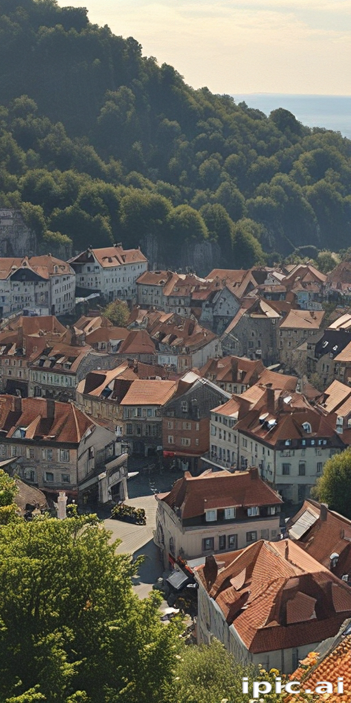 A Scenic View of Quaint Houses Nestled Among Lush Green Hills.