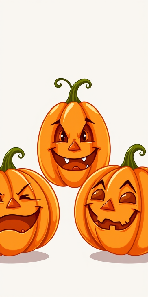 Create an illustration of three cartoon pumpkins with different facial expressions: one angry, one cheerful, and one annoyed, using vibrant colors, set against a clear background, captured with a DSLR camera at f/4, ISO 100, 50mm lens, with soft lighting for enhanced details.