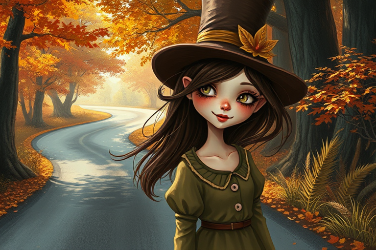 digital art fantasy depicting a strange girl with brown hair, long eyelashes, white lipstick and a tall hat walking along a winding road on an autumn afternoon, an Finch smiles as she passes