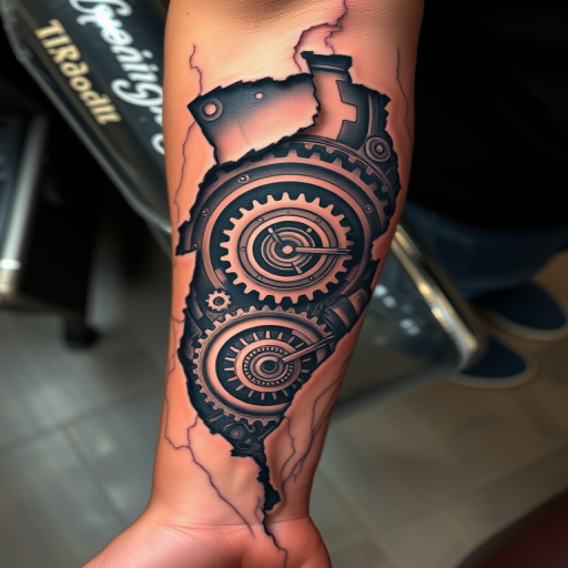 Striking biomechanical tattoo covering the forearm, revealing intricate machinery and gears beneath torn skin, utilizing shading and highlights to create a three-dimensional illusion of depth