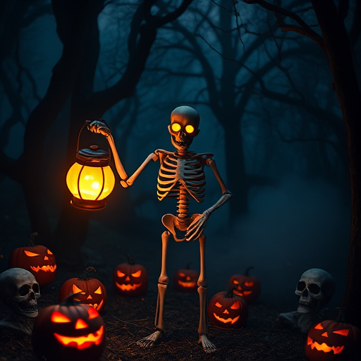 Create a spooky scene featuring a skeleton figure with glowing eyes holding two lanterns that emit an eerie light in a dark forest setting surrounded by carved pumpkins and ominous skulls. The atmosphere should be haunting with mist and twisted trees in the background, emphasizing a Halloween theme.