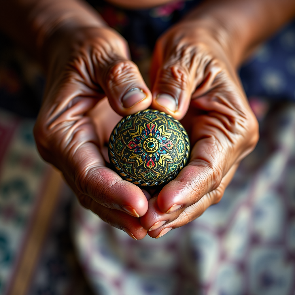 Capture a close-up of an elderly person's hands holding a small, decorative object with intricate details and vibrant colors, using a Canon EOS R5, 50mm lens, f/1.8 aperture, ISO 200, natural lighting, with a shallow depth of field to emphasize texture and detail in the hands and object.