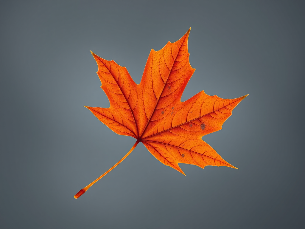 highly detailed close-up of an orange maple leaf on a soft gray background, Canon EOS R5, aperture f/2.8, shutter speed 1/125 sec, ISO 100, macro lens, natural light
