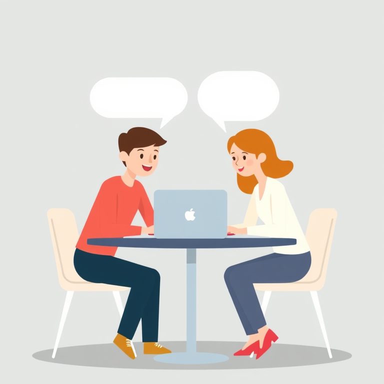 Create a digital illustration of two people sitting at a table with a laptop between them, engaging in conversation with speech bubbles, using a flat design style, 50mm lens, f/2.8 aperture, shot from eye level to enhance clarity and detail.